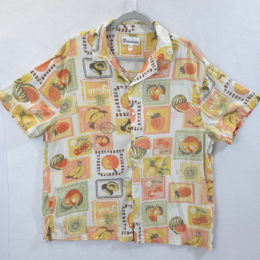 No Boundaries Button Down Fruit Stamp Print Multicolor Mens XL Tropical Retro